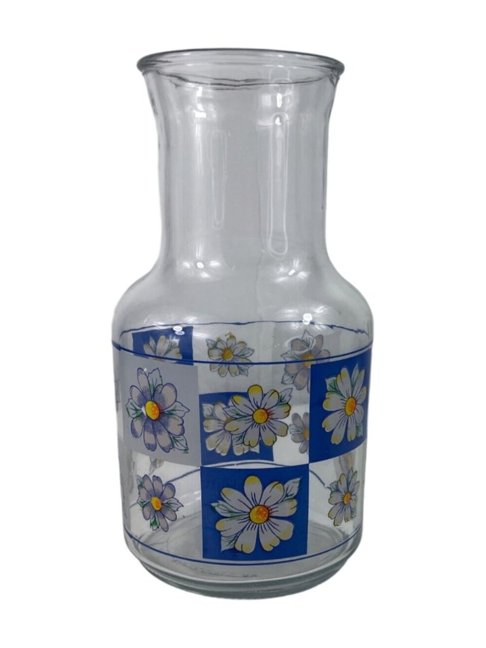 Vintage Kig Indonesia Glass Carafe Decanter With Blue & White Daisy Design